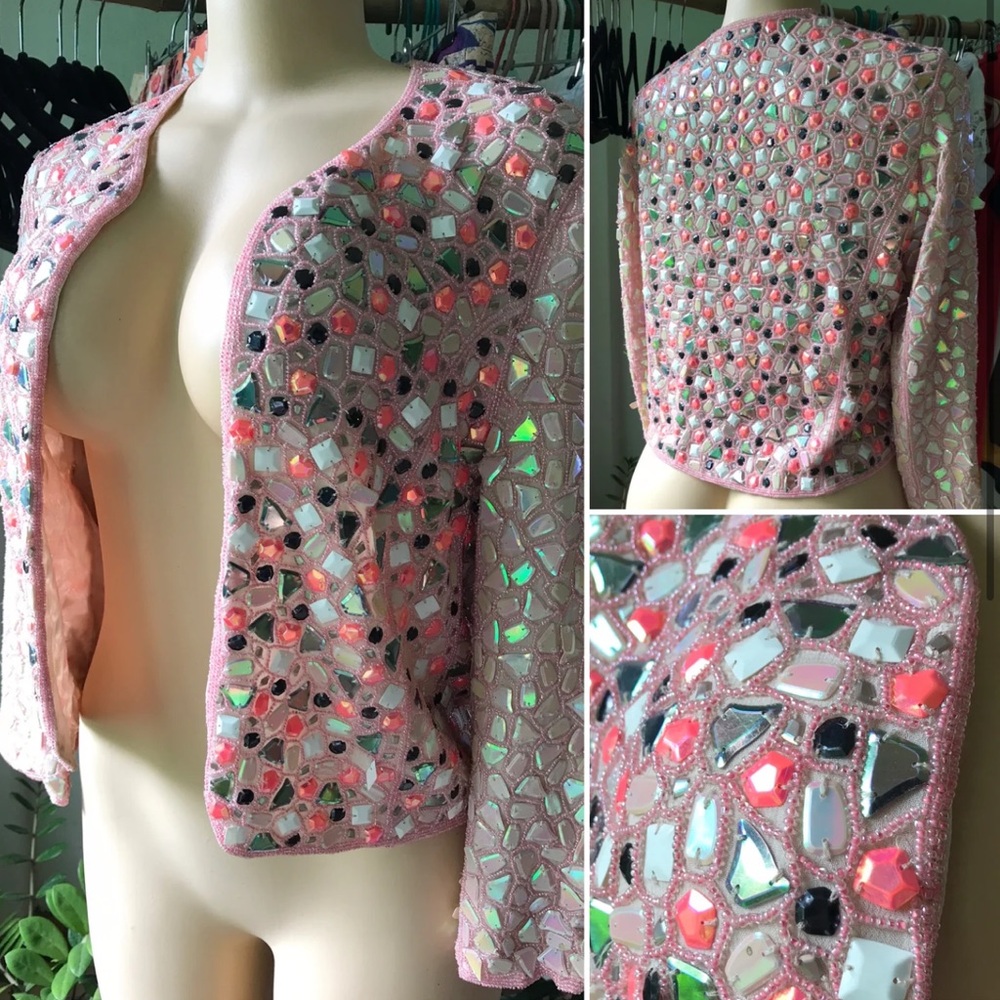 Short pink French Connection embroidered blazer with vintage sequins